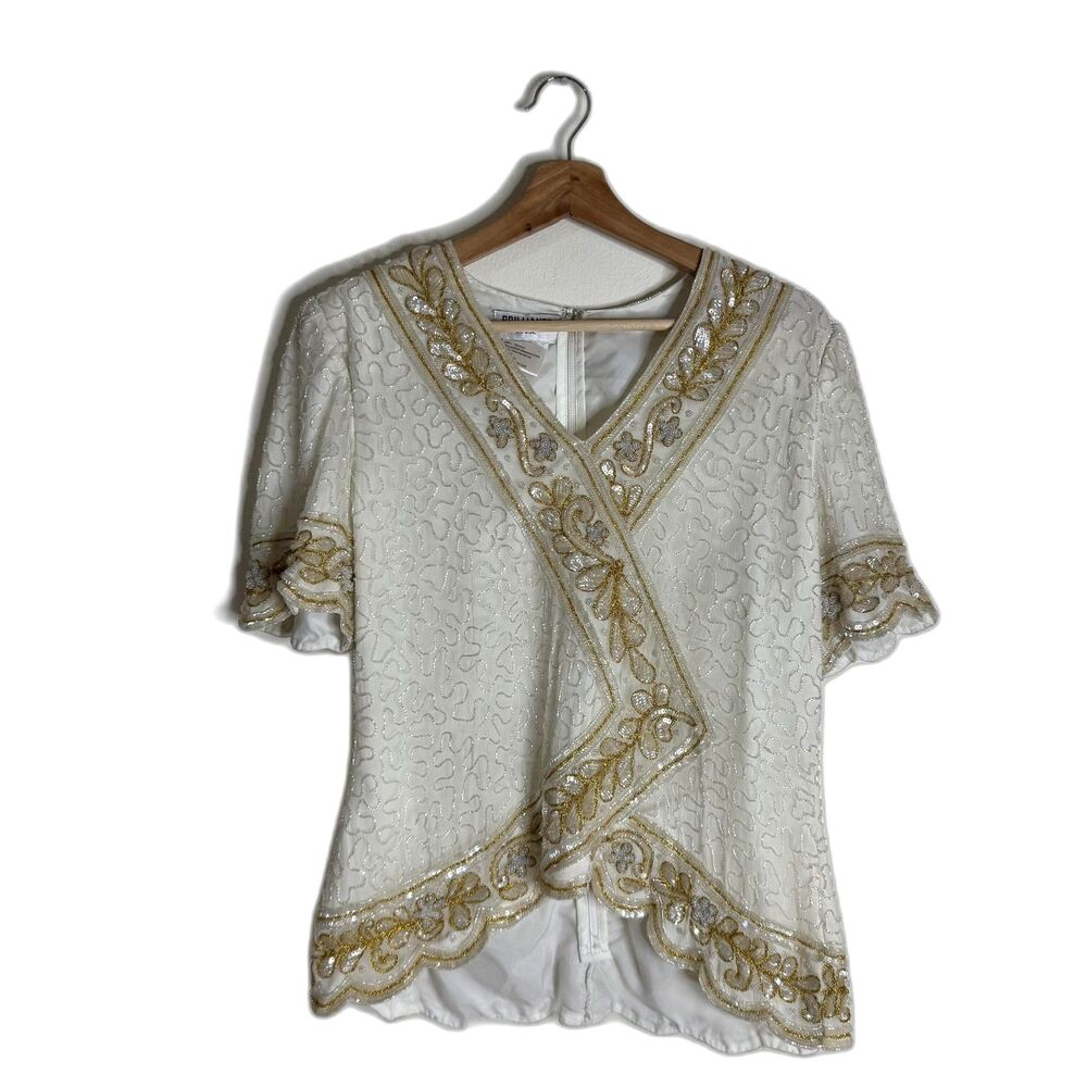 Brilliante by J.A. Blouse Womens Medium Silk Beaded Sequin Embroidered Top